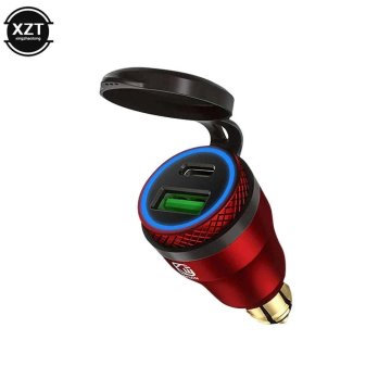 KJB USB-C PD in USB-A polnilnik za motorno vtičnico DIN, 30 W, rdeč, moder svetlobni obroč