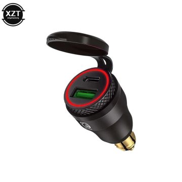 KJB USB-C PD in USB-A polnilnik za motorno vtičnico DIN, 30 W, črn, rdeč svetlobni obroč
