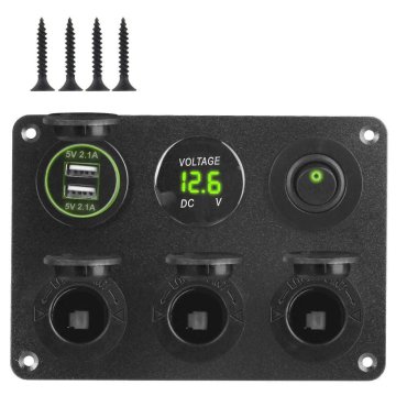 KJB Vgradni napajalni panel s 3 vtičnicami in 2 USB, 12/24 V, zelena osvetlitev