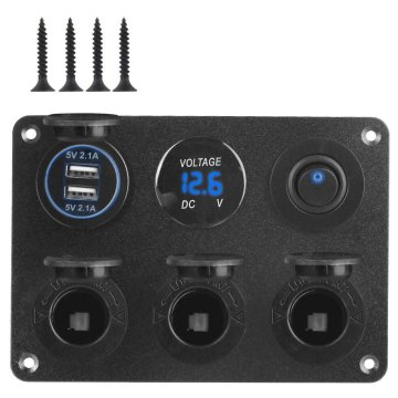 KJB Vgradni napajalni panel s 3 vtičnicami in 2 USB, 12/24 V, modra osvetlitev
