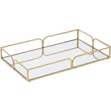 Okrasni zrcalni pladenj pravokoten 32x20 cm zlat, kovinski organizator za kozmetiko in nakit s steklenim dnom in zaščito iz filca, eleganten dekorativni podstavek za parfume za toaletno mizico