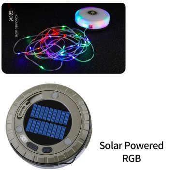 KJB Polnilna kamp lanterna z 10-metrsko svetlobno verigo, RGB, solarno in USB-C polnjenje