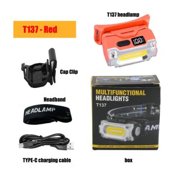 KJB Polnilna čelna LED svetilka T137 s prikazom baterije, rdeča