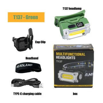 KJB Polnilna čelna LED svetilka T137 s prikazom baterije, zelena