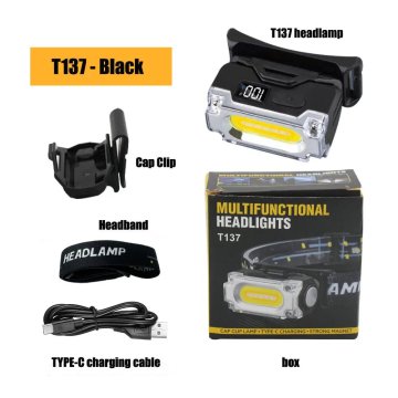 KJB Polnilna čelna LED svetilka T137 s prikazom baterije, črna