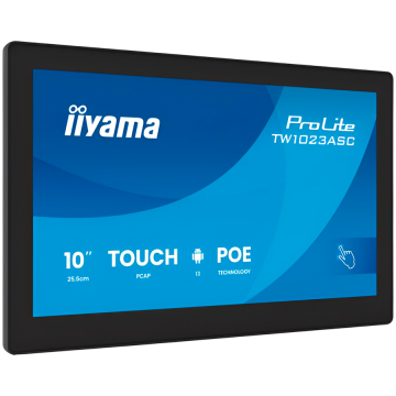 iiyama TW1023ASC-B3P 10,1" Panel-PC with Android 13+GMS, SOC uad-core RK3568 4GB, Storage 32GB, PCAP 10-Points Touch, 280x800, IPS panel, Speakers, POE, WIFI, BT5.2, SD Slot, HDMI-out