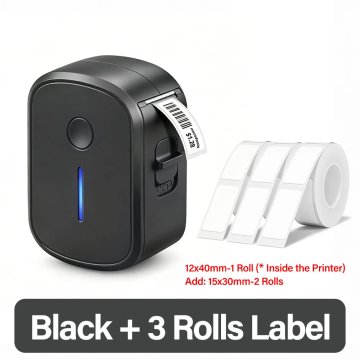 KJB Prenosni Bluetooth termični tiskalnik nalepk, črn, paket s tremi rolami