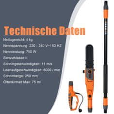 Costway Električna žaga za veje 212-286 cm večkotna verižna žaga oranžna