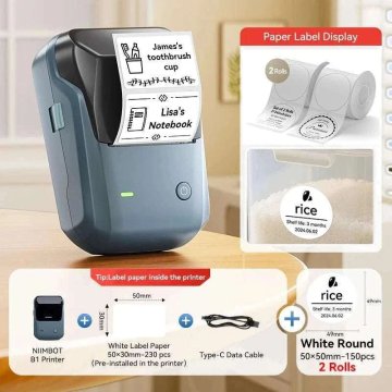 KJB Bluetooth tiskalnik nalepk B1, temno moder, 2 dodatne role, okrogle, premer 50 mm
