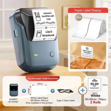 KJB Bluetooth tiskalnik nalepk B1, temno moder, 2 dodatne role, 50 × 50 mm