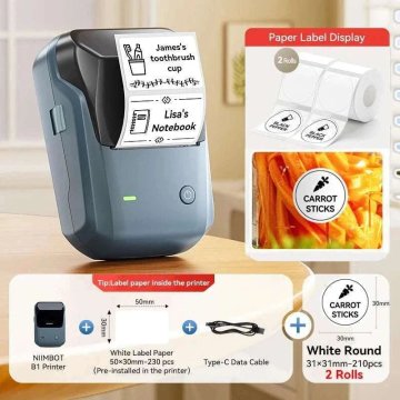 KJB Bluetooth tiskalnik nalepk B1, temno moder, 2 dodatne role, okrogle, premer 31 mm