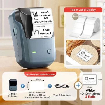 KJB Bluetooth tiskalnik nalepk B1, temno moder, 2 dodatne role, 40 × 30 mm