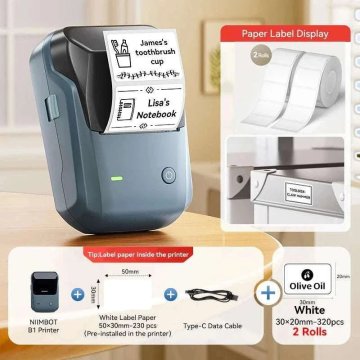KJB Bluetooth tiskalnik nalepk B1, temno moder, 2 dodatne role, 30 × 20 mm