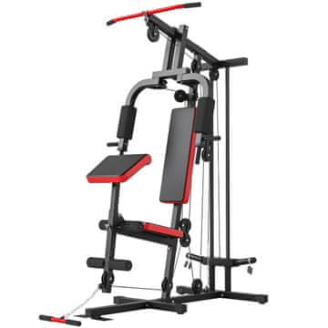 Homestar Fitnes postaja z lat pulldown, butterfly palico, nastavljivo klopjo za biceps, trenerjem za noge, do 120 kg, črno-rdeča