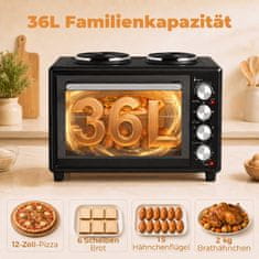 Homestar Mini pečica 36L z 2 kuhališčema, električna namizna pečica s konvekcijo, 90–230 °C