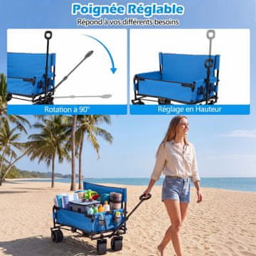 Costway Zložljiv plažni voziček 2-v-1 klop z nastavljivo ročico modre barve