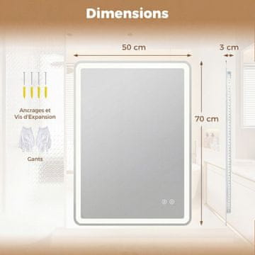 Costway LED kopalniško ogledalo 70x50 cm pravokotno, varnostno kaljeno steklo z 3 barvnimi temperaturami in funkcijo proti megli