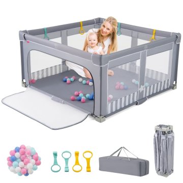 Costway Otroška ograja za igro 127x127 cm temno siva z zadrgo na vratih