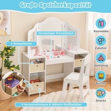Costway Otroška toaletna mizica in stol z odstranljivimi ogledali in 4 shranjevalnimi predali, bela