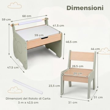 Costway Otroški leseni komplet mize in stola z obojestransko tablo in papirnim zvitkom