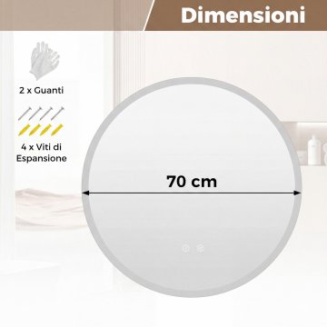 Costway Okroglo LED kopalniško ogledalo 70 cm s 3-barvnim kaljenim steklom, zatemnitveno ličilno, anti-meglitveno, pomnilna funkcija