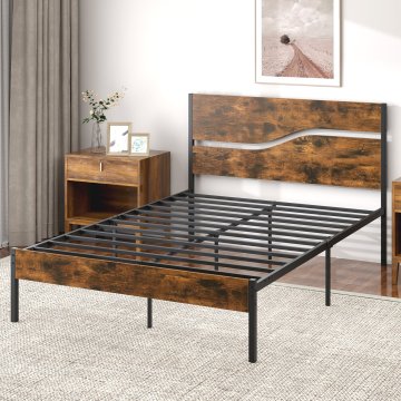 Costway Posteljni okvir 140x200 cm rustikalno rjav z metalno podlago in lesenim vzglavjem