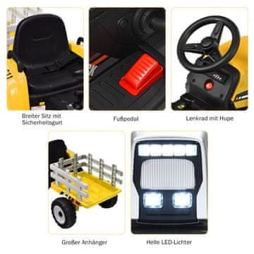 Costway Otroški traktor s prikolico 12V rumen