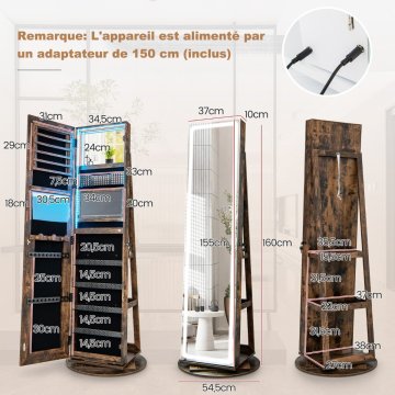 Costway Omara za nakit 54,5x54,5x160 cm vintage z ogledalom in nastavljivimi LED lučmi