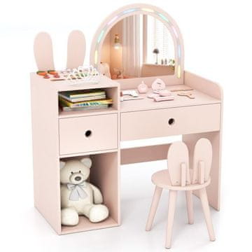 Costway Otroška toaletna miza z lučmi, odprtimi policami in stolom, roza