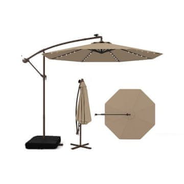 Costway Viseči pomični senčnik 300 cm s 40 LED lučmi in solarnimi baterijami, kava