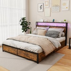 Costway LED Posteljni okvir King Size 200x160 cm Rustikalno rjav z polnilno postajo in 4 predali