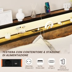 Costway LED Posteljni okvir King Size 200x160 cm Rustikalno rjav z polnilno postajo in 4 predali