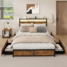 Costway LED Posteljni okvir King Size 200x160 cm Rustikalno rjav z polnilno postajo in 4 predali