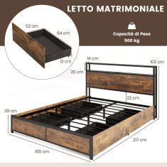 Costway LED Posteljni okvir King Size 200x160 cm Rustikalno rjav z polnilno postajo in 4 predali