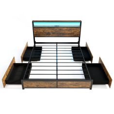 Costway LED Posteljni okvir King Size 200x160 cm Rustikalno rjav z polnilno postajo in 4 predali