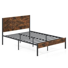 Costway Posteljni okvir 140x200 cm rustikalno rjav z metalno podlago in lesenim vzglavjem