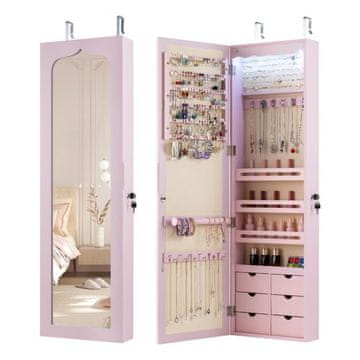 Costway Omara za nakit z LED, zaklepna, stenska, z ogledalom na vratih, 6 predalov, roza