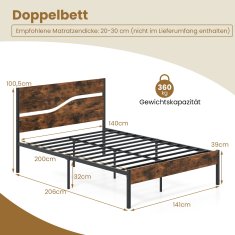 Costway Posteljni okvir 140x200 cm rustikalno rjav z metalno podlago in lesenim vzglavjem