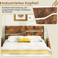 Costway Posteljni okvir 140x200 cm rustikalno rjav z metalno podlago in lesenim vzglavjem
