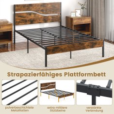 Costway Posteljni okvir 140x200 cm rustikalno rjav z metalno podlago in lesenim vzglavjem