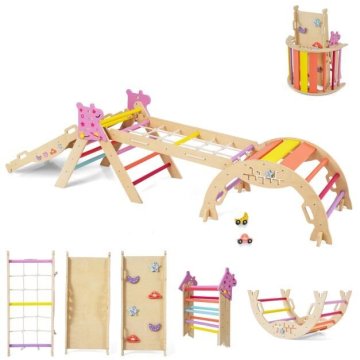 Costway Trikotna otroška plezalna igrača Zložljiv leseni Montessori plezalni set s pisanim lokom in rampo