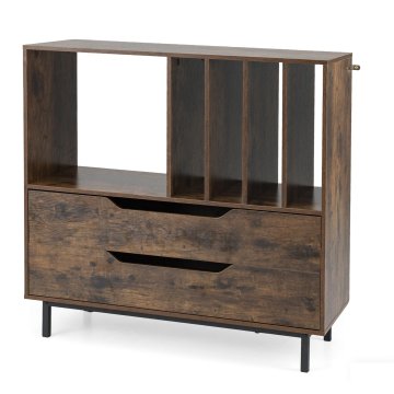 Costway Stojalo za gramofon z 4 predelki za vinil in 2 predaloma, rustikalno rjavo