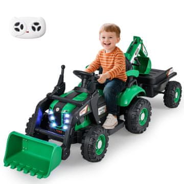 Costway Električni traktor 12V na akumulator z vlečno prikolico, lopato in daljinskim upravljalnikom, zelen