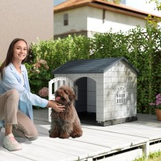 Costway Plastična pasja hišica z zaklepna vrata, 3 okna, poševna streha, siva