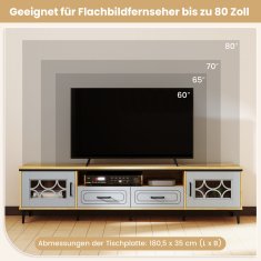 Costway TV regal 180,5 cm, 2 predala, 2 omarici, 7 kovinskih nog, modra