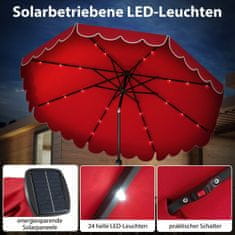 Costway Senčnik 300 cm z LED osvetlitvijo, ročico in volanom, rdeč