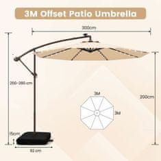 Costway Obesni pomični senčnik 300 cm z 40 LED lučmi in solarnimi baterijami bež