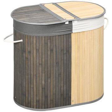 Homestar Košara za perilo 100 L s pokrovom, ročajem, 2 predelka, snemljivo vrečo za perilo, bambus siva in naravna