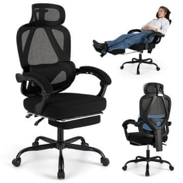 Costway Ergonomski pisarniški stol z visokim naslonom iz mrežaste tkanine in izvlečnim naslonom za noge, črn