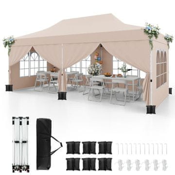Costway Pop Up šotor 3x6 m bež z 6 stranskimi stenami in zadrgami na vhodih